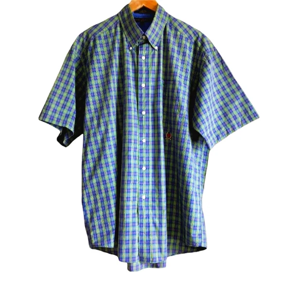 Tommy Hilfiger blue, green, red plaid  short sleeve shirt with crest size large - Picture 2 of 10
